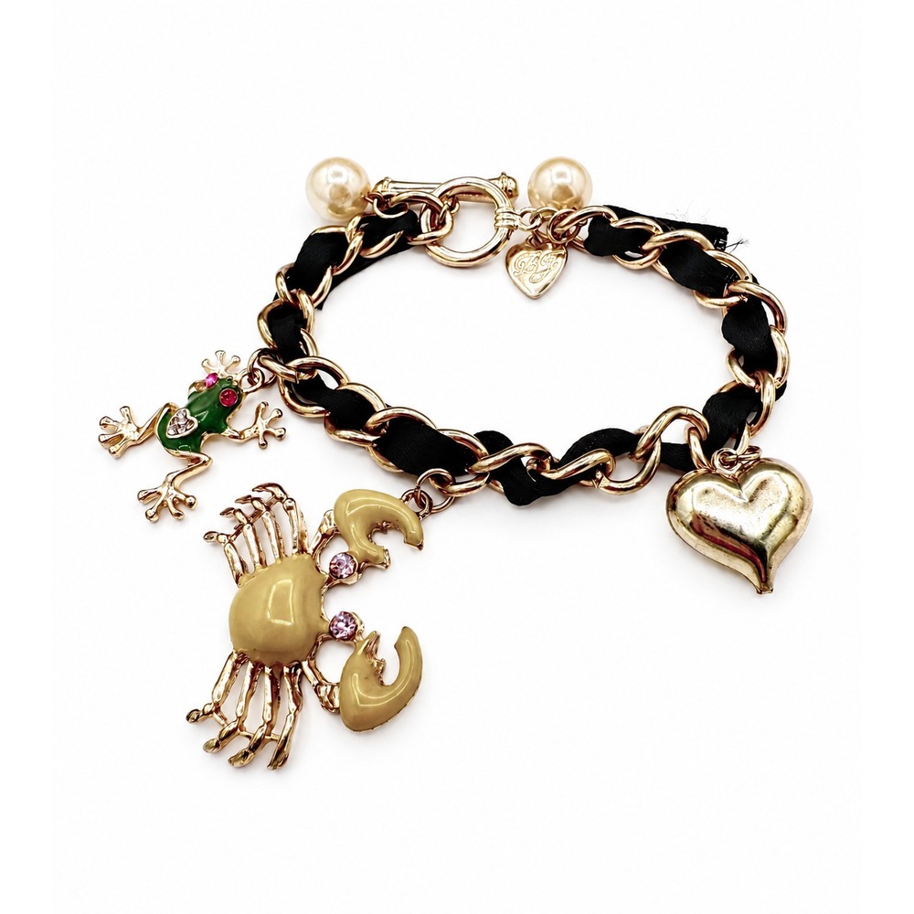 Betsey Johnson Frog Crab Heart Charm Bracelet Black Ribbon Gold Tone 7"